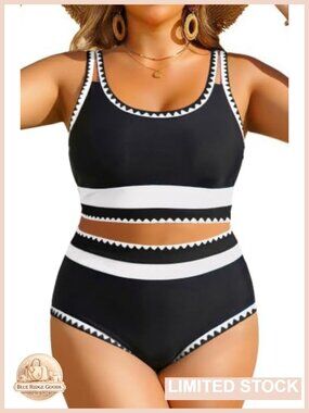 Women Plus Size High Waisted Two Piece Swimsuit Tummy Control Bikini Set
